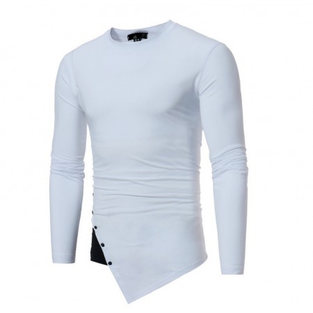 New Men's T-Shirt Clothing Long-Sleeved Irregular Hem Decorative Button Solid Color Cotton